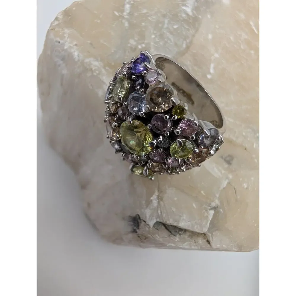 Fashion Cocktail Ring Multi-Color Gemstone Cluster Wide Band Silver Tone Size 7